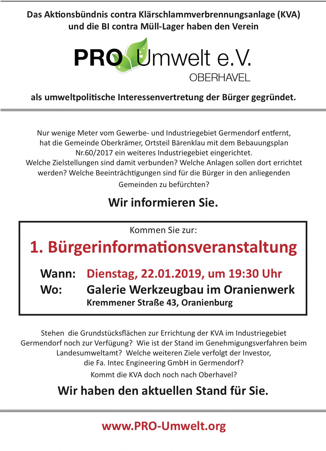 1. Bürgerinformationsveranstaltung des neu gegründeten, gemeinnützigen Vereins PRO-Umwelt e.V. Oberhavel